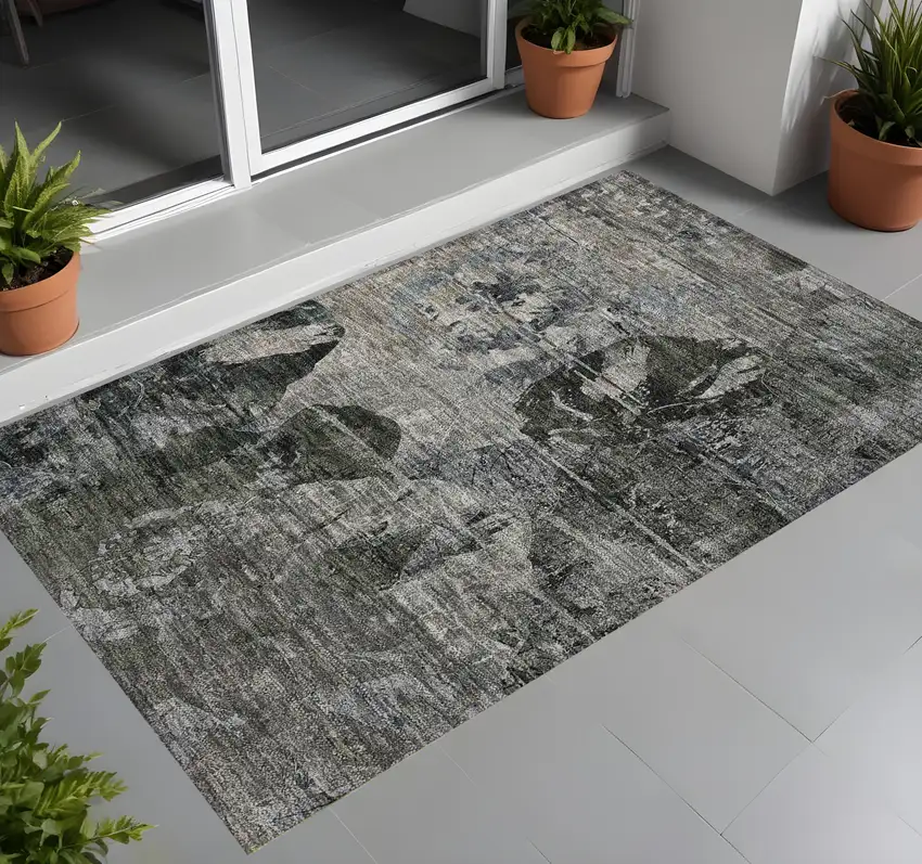 Gray Dark Green and Black Floral Washable Non Skid Indoor Outdoor Area Rug Photo 1