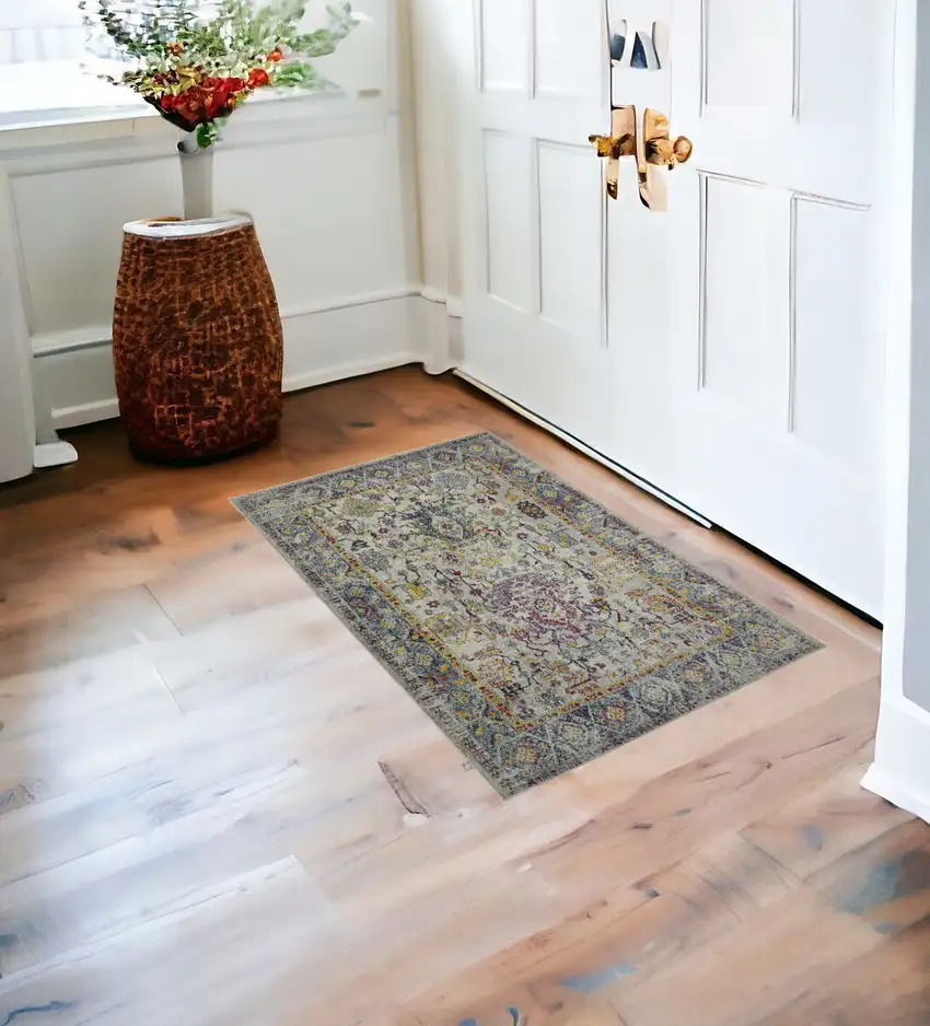 3' X 5' Gray Floral Power Loom Area Rug Photo 1