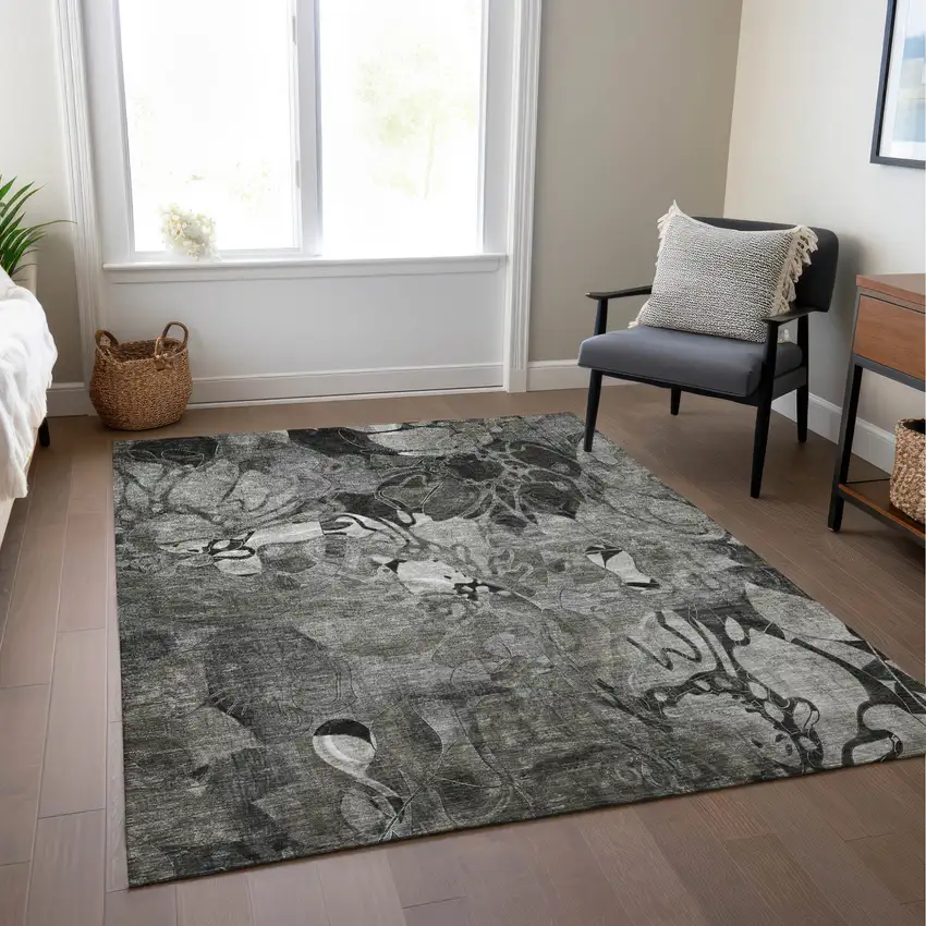Gray Abstract Washable Indoor Outdoor Area Rug Photo 9