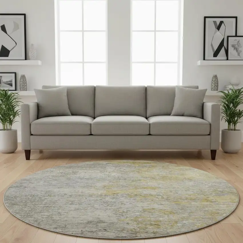 8' X 8' Gray Gold And Ivory Abstract Washable Round Rug With UV Protection Photo 2