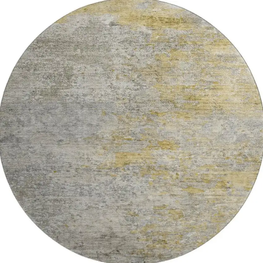 8' X 8' Gray Gold And Ivory Abstract Washable Round Rug With UV Protection Photo 2