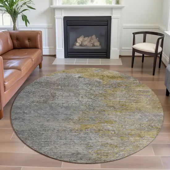 8' X 8' Gray Gold And Ivory Abstract Washable Round Rug With UV Protection Photo 3
