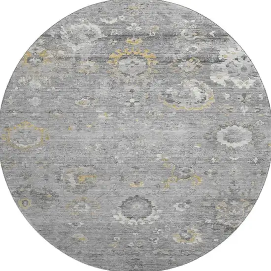 8' X 8' Gray Gold And Ivory Oriental Washable Round Rug With UV Protection Photo 2