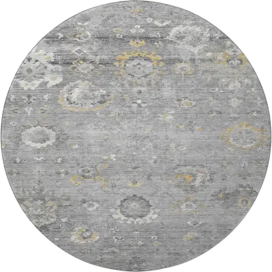8' X 8' Gray Gold And Ivory Oriental Washable Round Rug With UV Protection Photo 3