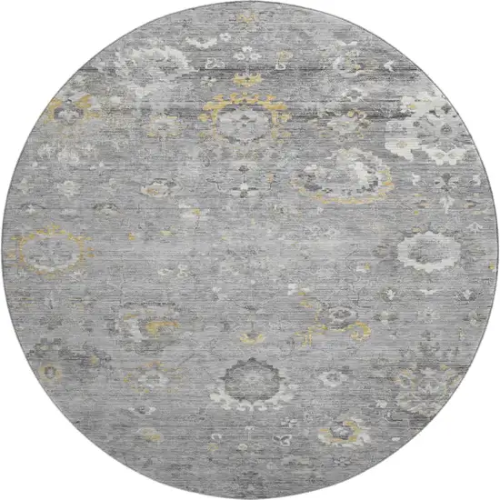 8' X 8' Gray Gold And Ivory Oriental Washable Round Rug With UV Protection Photo 1
