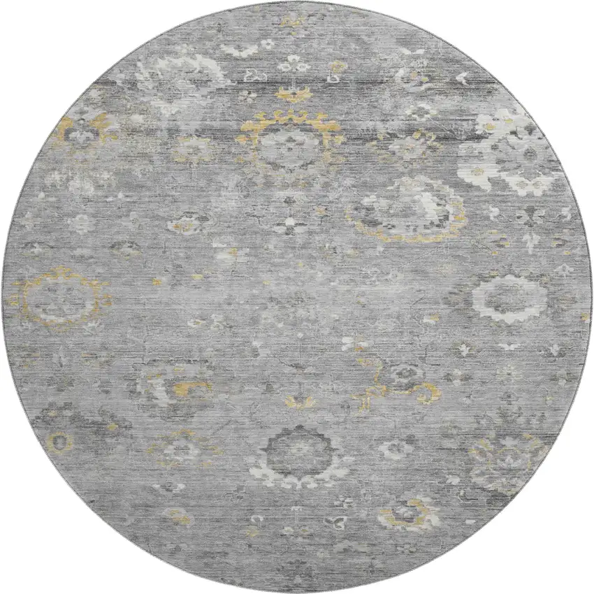 8' X 8' Gray Gold And Ivory Oriental Washable Round Rug With UV Protection Photo 1