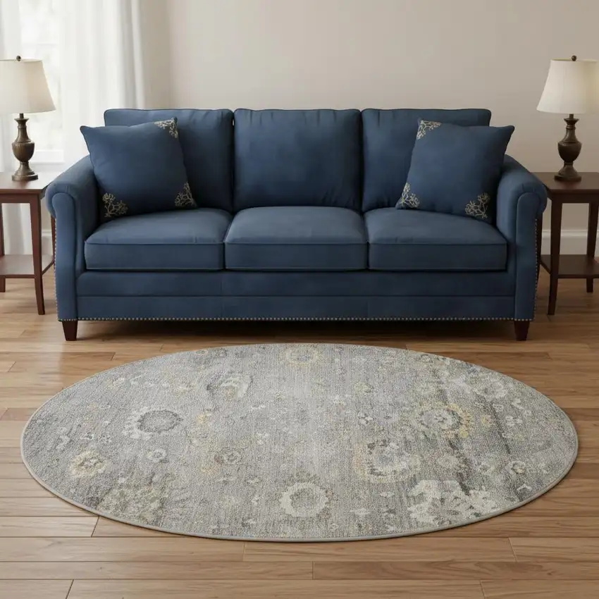 8' X 8' Gray Gold And Ivory Oriental Washable Round Rug With UV Protection Photo 2