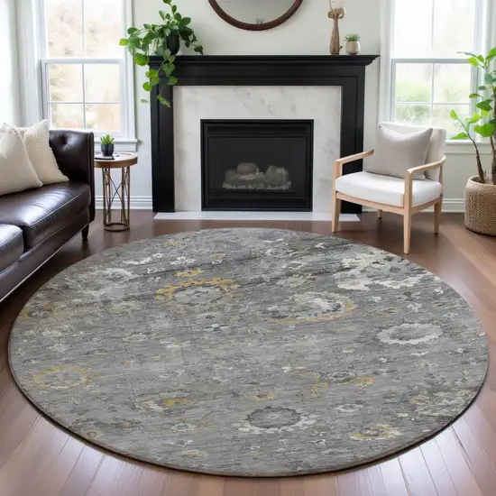 8' X 8' Gray Gold And Ivory Oriental Washable Round Rug With UV Protection Photo 4