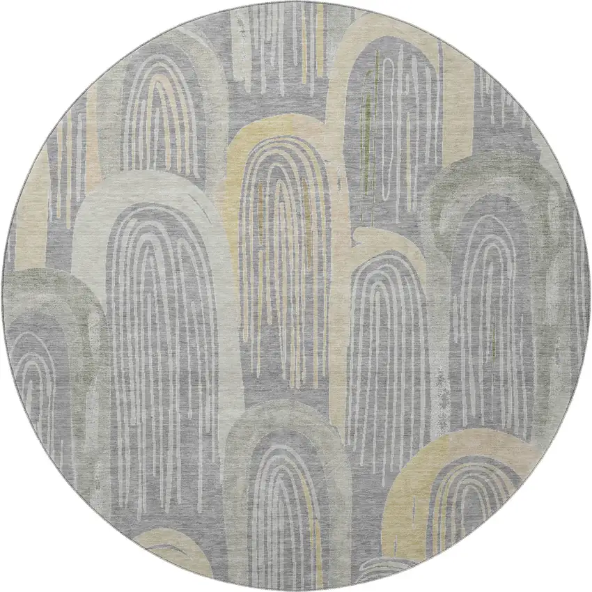 8' X 8' Gray Gold And Silver Geometric Washable Round Rug With UV Protection Photo 3