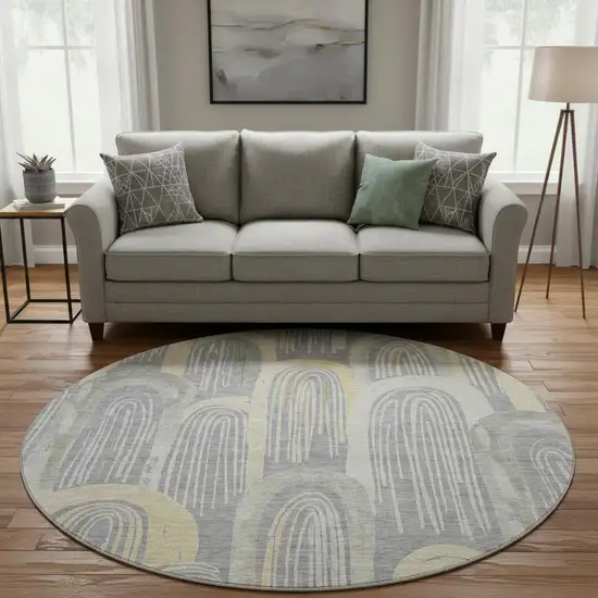8' X 8' Gray Gold And Silver Geometric Washable Round Rug With UV Protection Photo 2