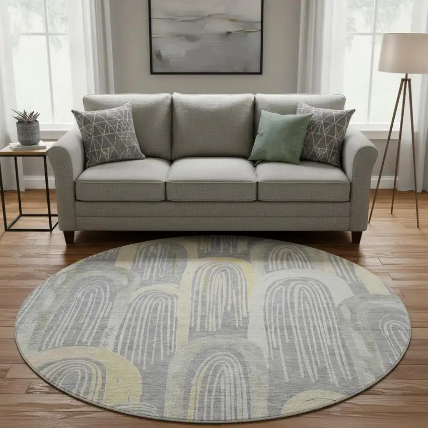 8' X 8' Gray Gold And Silver Geometric Washable Round Rug With UV Protection Photo 2