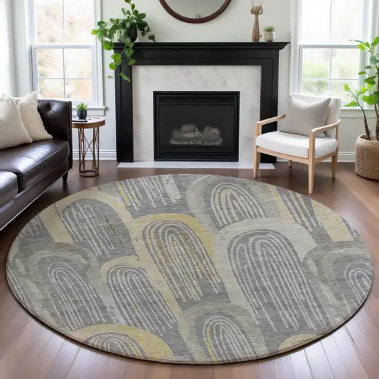 8' X 8' Gray Gold And Silver Geometric Washable Round Rug With UV Protection Photo 4