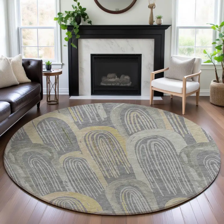 8' X 8' Gray Gold And Silver Geometric Washable Round Rug With UV Protection Photo 4