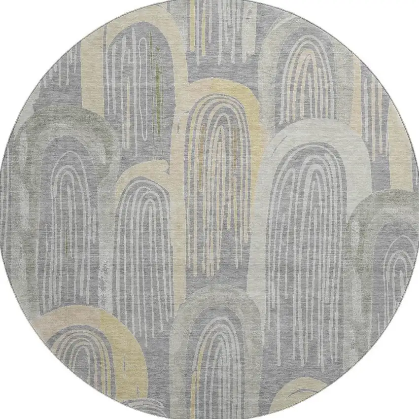 8' X 8' Gray Gold And Silver Geometric Washable Round Rug With UV Protection Photo 2