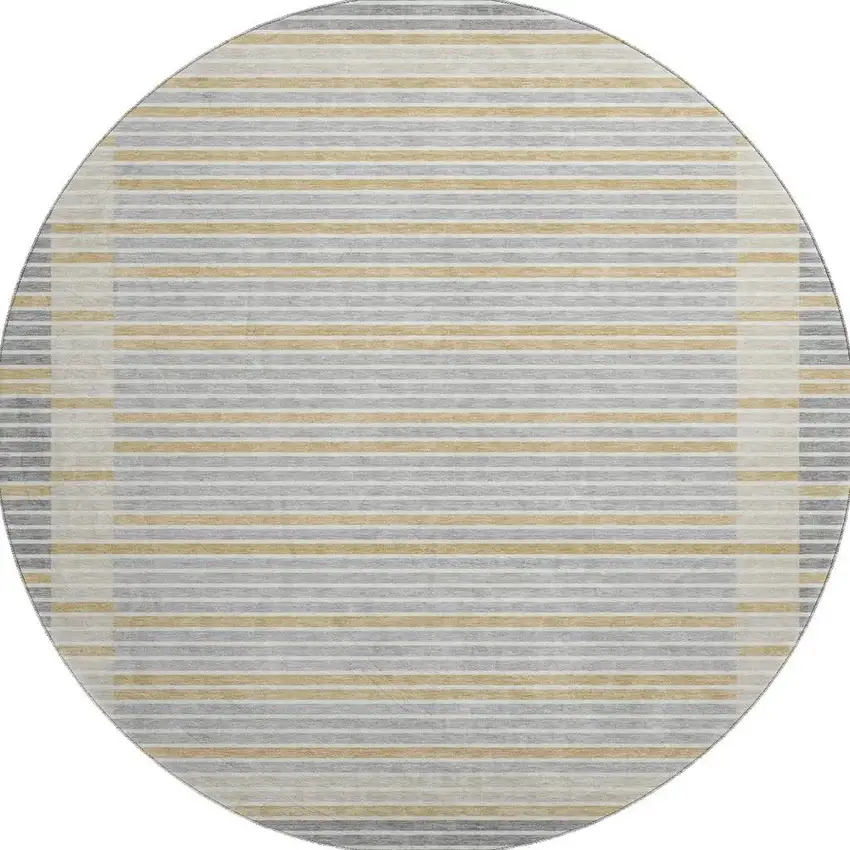 8' X 8' Gray Gold And Silver Striped Washable Round Rug With UV Protection Photo 2