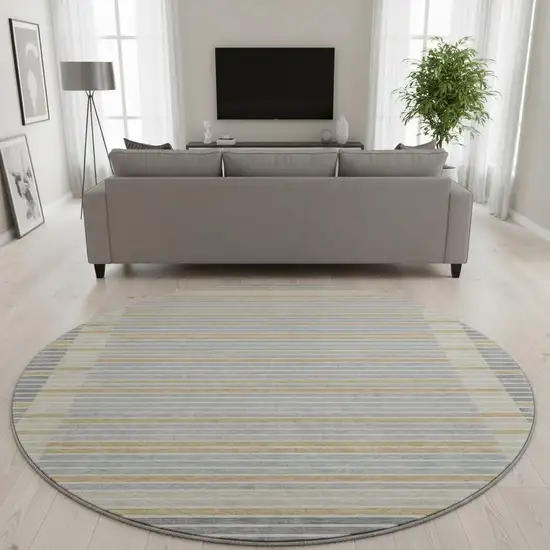 8' X 8' Gray Gold And Silver Striped Washable Round Rug With UV Protection Photo 2
