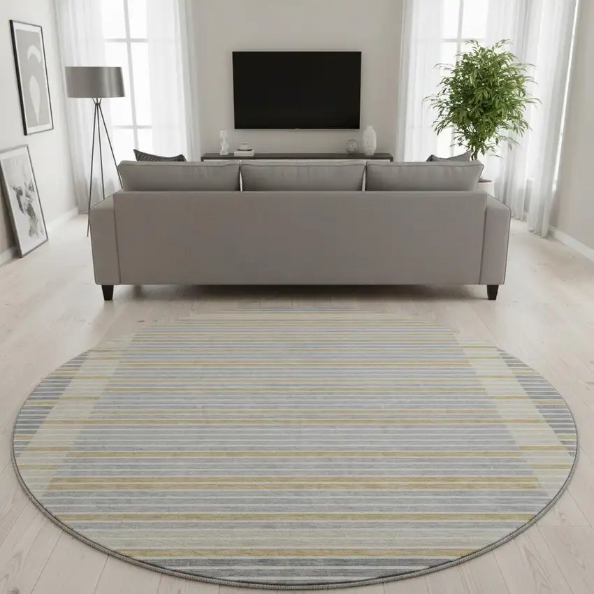 8' X 8' Gray Gold And Silver Striped Washable Round Rug With UV Protection Photo 2