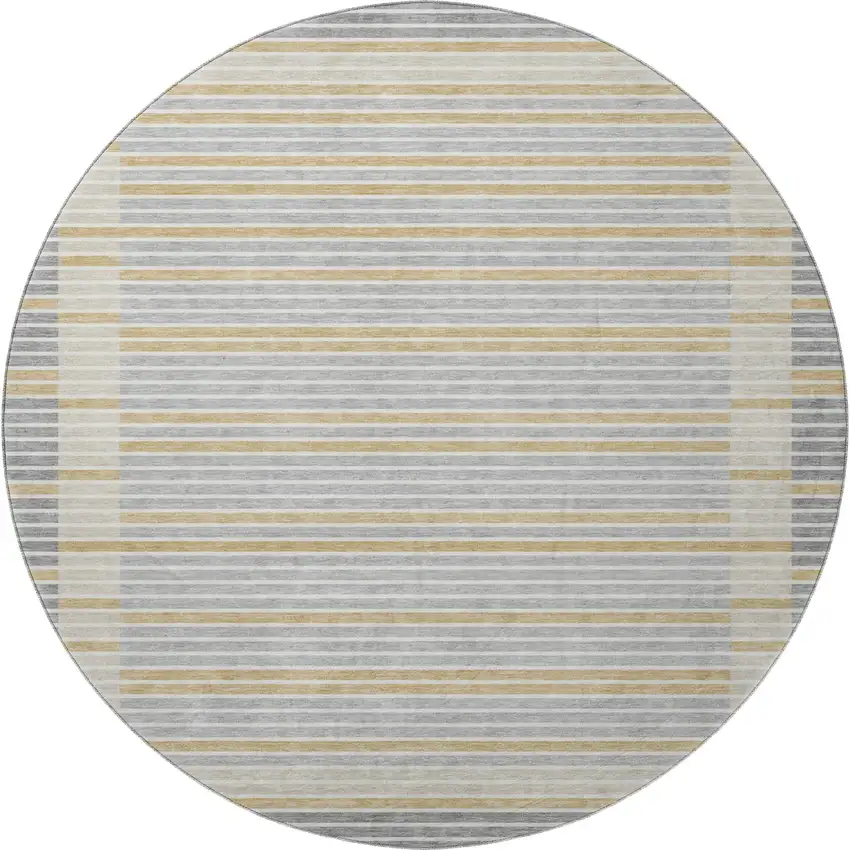 8' X 8' Gray Gold And Silver Striped Washable Round Rug With UV Protection Photo 3