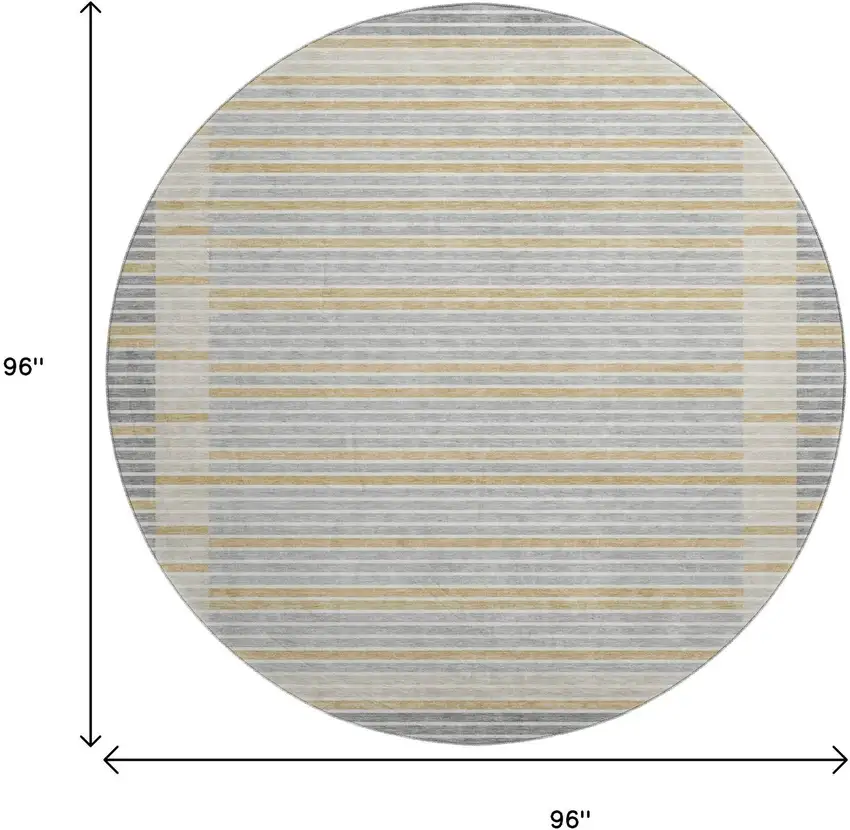 8' X 8' Gray Gold And Silver Striped Washable Round Rug With UV Protection Photo 9