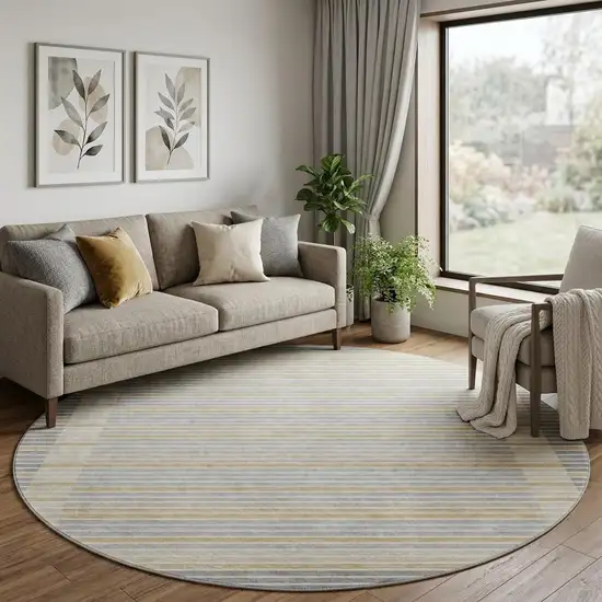 8' X 8' Gray Gold And Silver Striped Washable Round Rug With UV Protection Photo 1