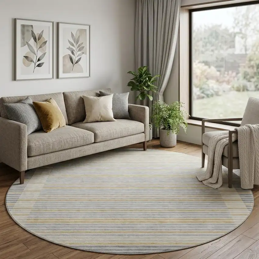 8' X 8' Gray Gold And Silver Striped Washable Round Rug With UV Protection Photo 1