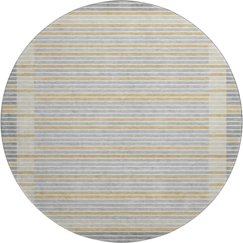 8' X 8' Gray Gold And Silver Striped Washable Round Rug With UV Protection Photo 1