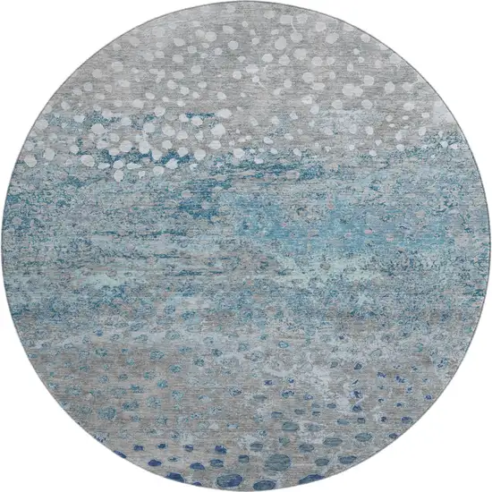 8' X 8' Gray Ivory And Blue Polka Dot Washable Round Rug With UV Protection Photo 1