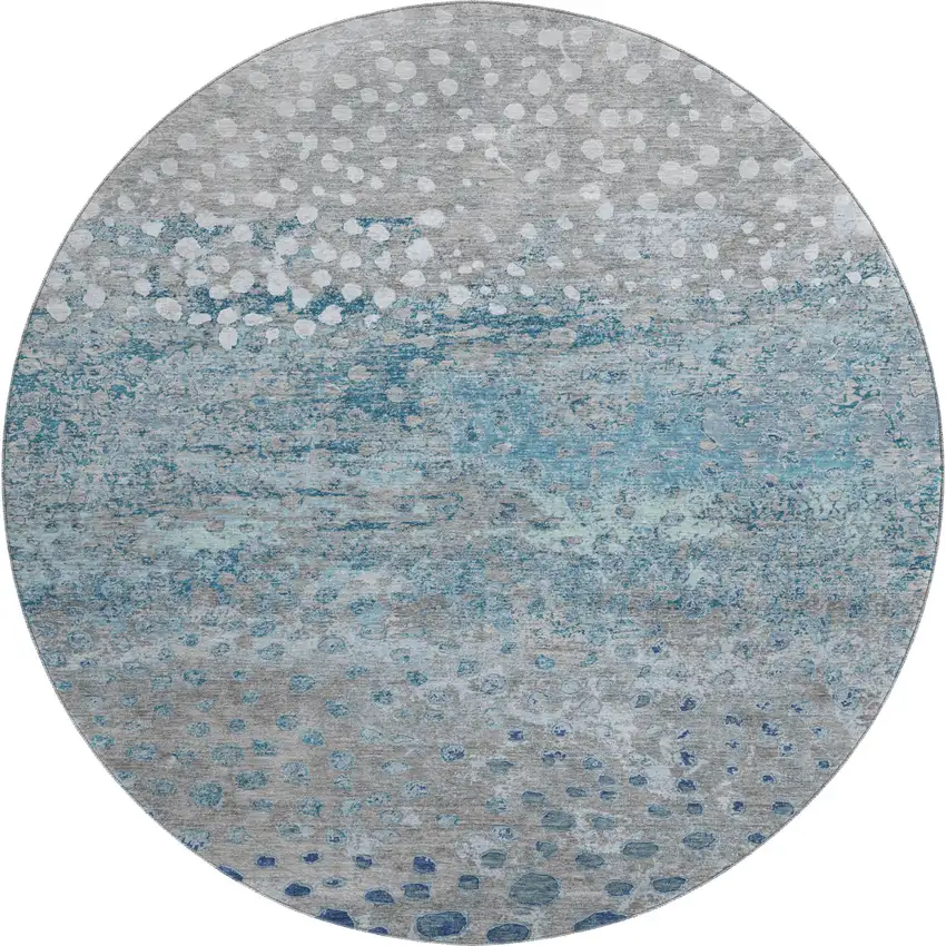 8' X 8' Gray Ivory And Blue Polka Dot Washable Round Rug With UV Protection Photo 1