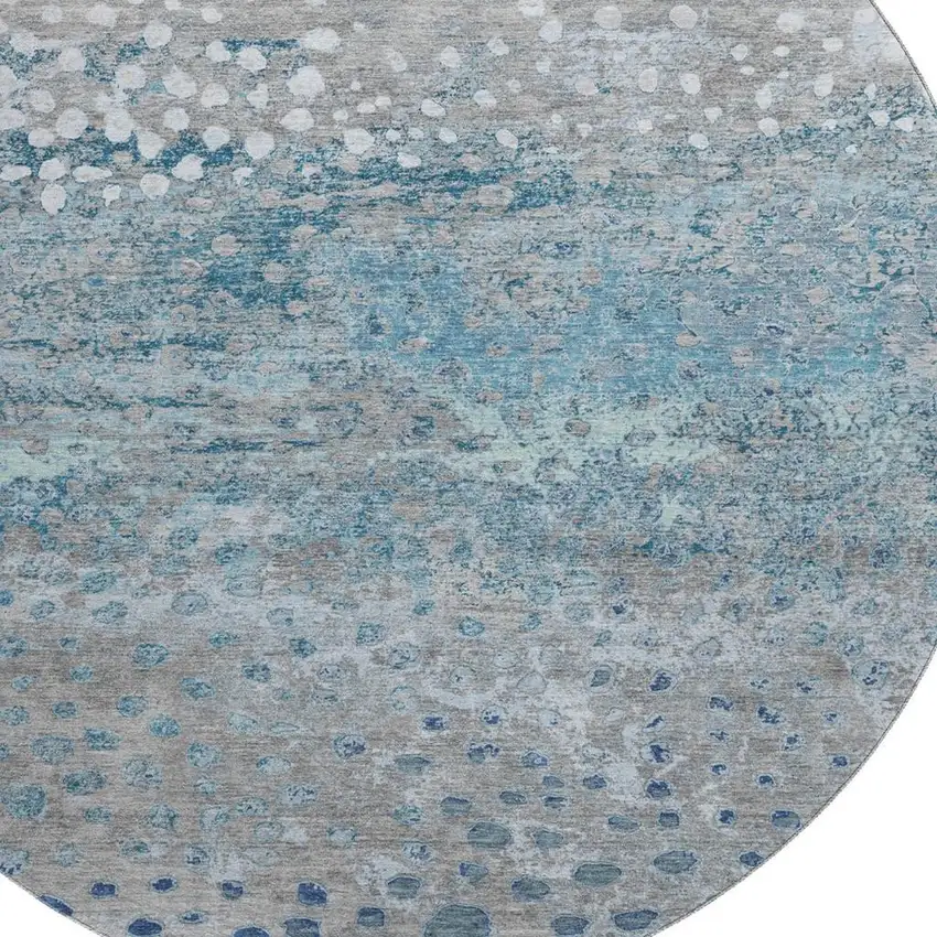 8' X 8' Gray Ivory And Blue Polka Dot Washable Round Rug With UV Protection Photo 2
