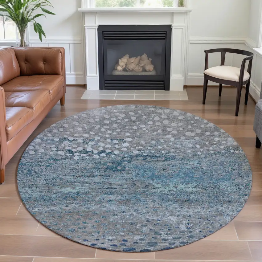 8' X 8' Gray Ivory And Blue Polka Dot Washable Round Rug With UV Protection Photo 4