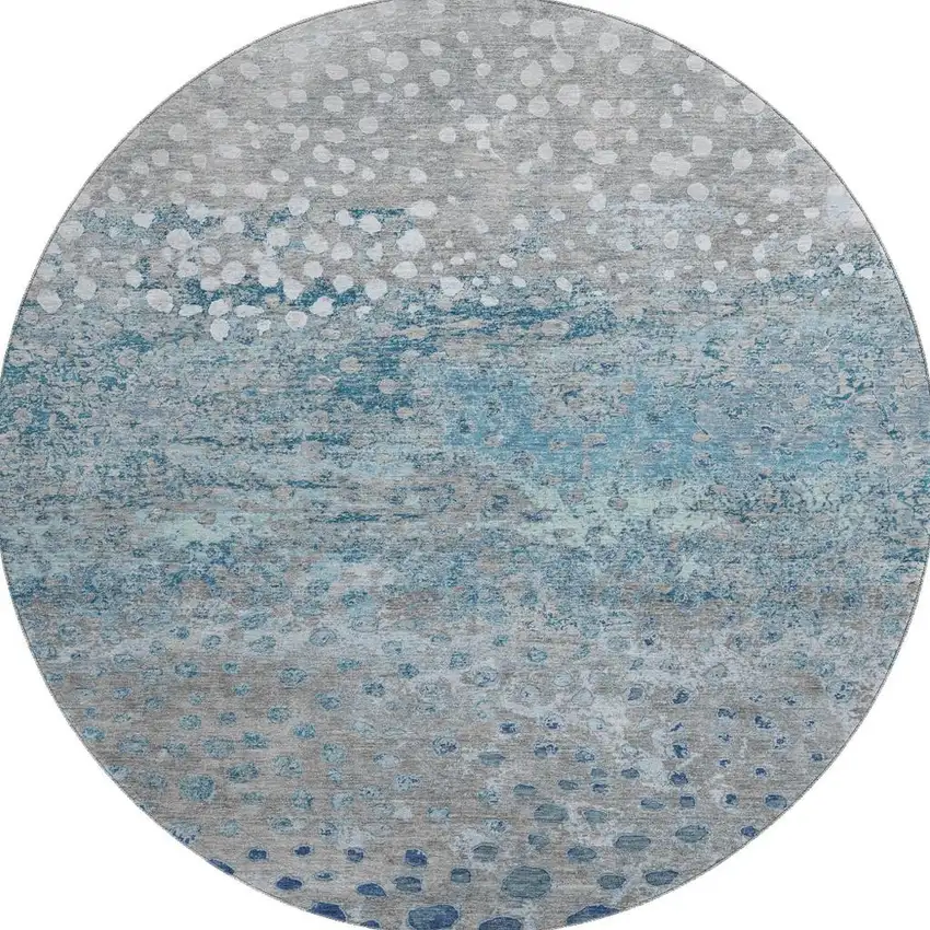 8' X 8' Gray Ivory And Blue Polka Dot Washable Round Rug With UV Protection Photo 3
