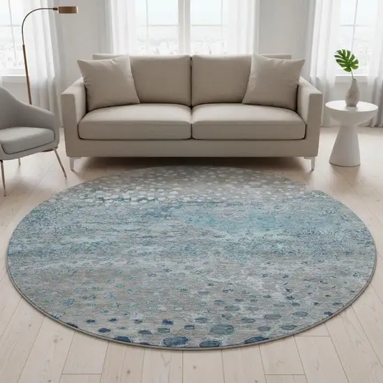 8' X 8' Gray Ivory And Blue Polka Dot Washable Round Rug With UV Protection Photo 2