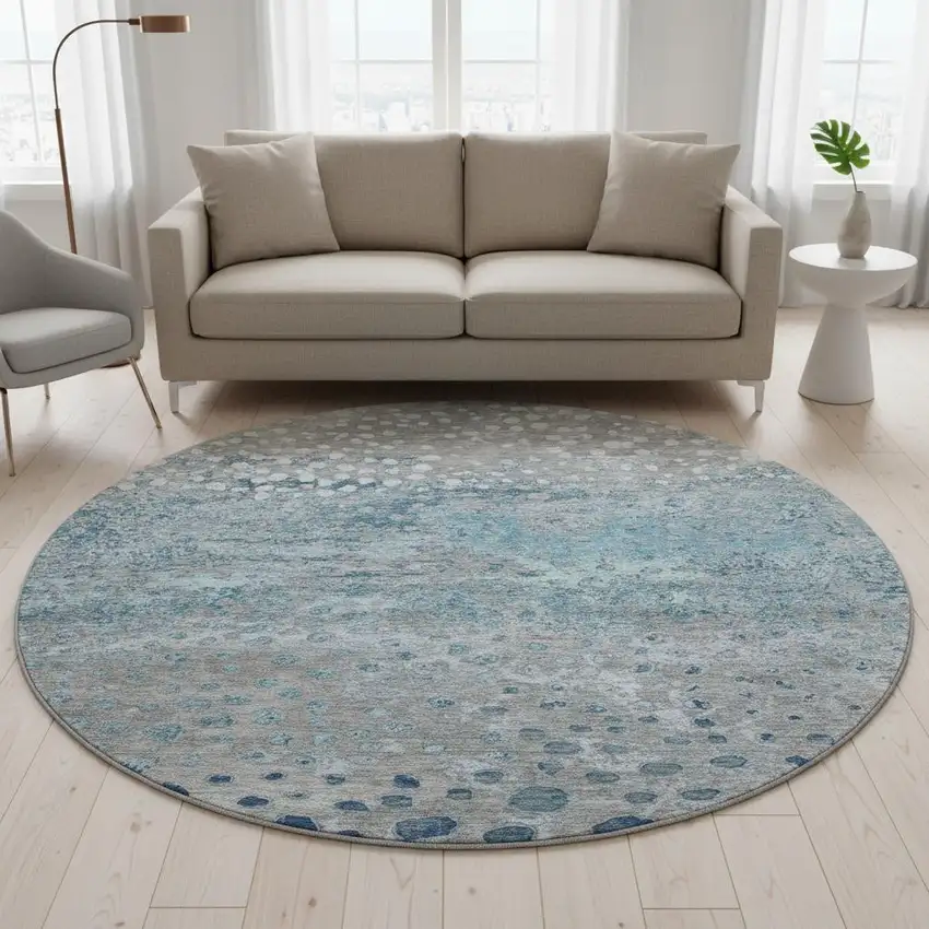 8' X 8' Gray Ivory And Blue Polka Dot Washable Round Rug With UV Protection Photo 2