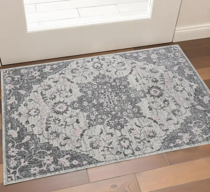 Gray And Dark Gray Medallion Distressed Area Rug Photo 1