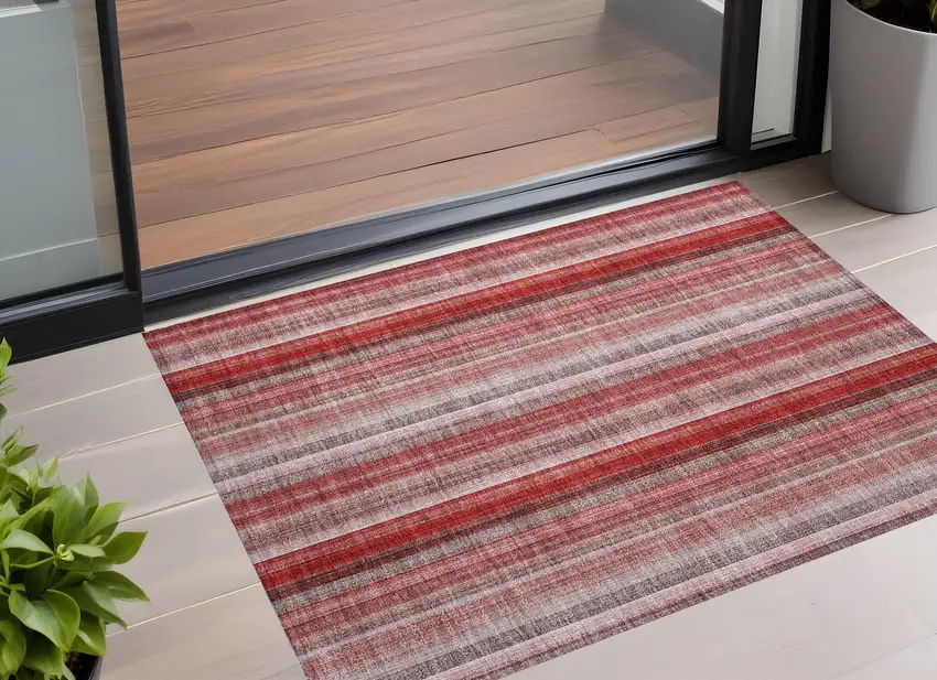 3' X 4' Gray Pink and Red Striped Washable Non Skid Indoor Outdoor Area Rug Photo 1