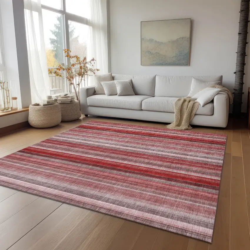 Gray Pink and Red Striped Washable Non Skid Indoor Outdoor Area Rug Photo 9