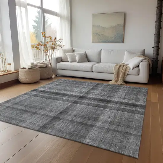 Gray Plaid Washable Non Skid Indoor Outdoor Area Rug Photo 9