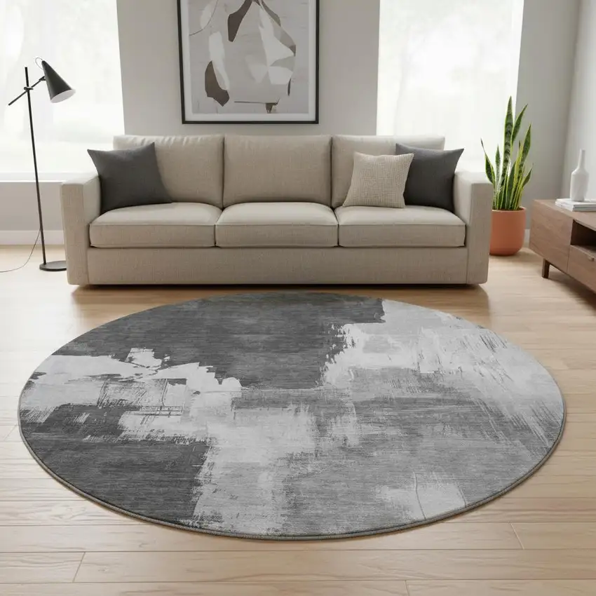 8' X 8' Gray Silver And Charcoal Abstract Washable Round Rug With UV Protection Photo 2