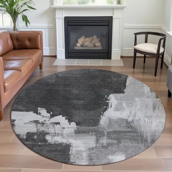 8' X 8' Gray Silver And Charcoal Abstract Washable Round Rug With UV Protection Photo 4