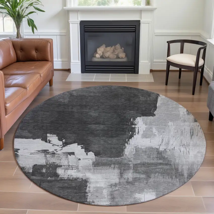 8' X 8' Gray Silver And Charcoal Abstract Washable Round Rug With UV Protection Photo 4