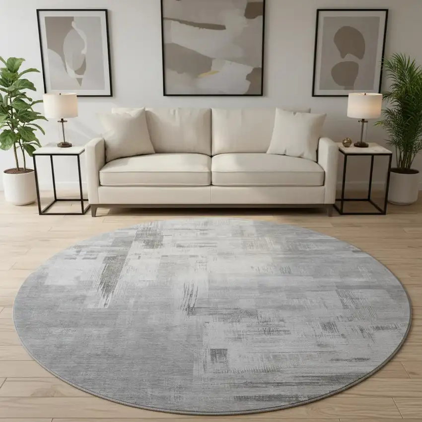 8' X 8' Gray Silver And Charcoal Abstract Washable Round Rug With UV Protection Photo 2