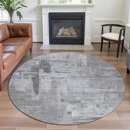 8' X 8' Gray Silver And Charcoal Abstract Washable Round Rug With UV Protection Photo 4