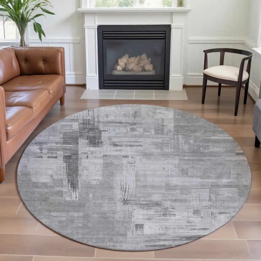 8' X 8' Gray Silver And Charcoal Abstract Washable Round Rug With UV Protection Photo 4
