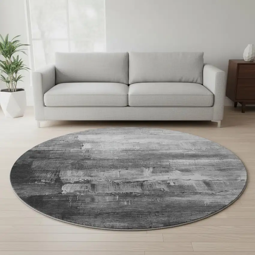 8' X 8' Gray Silver And Charcoal Abstract Washable Round Rug With UV Protection Photo 2