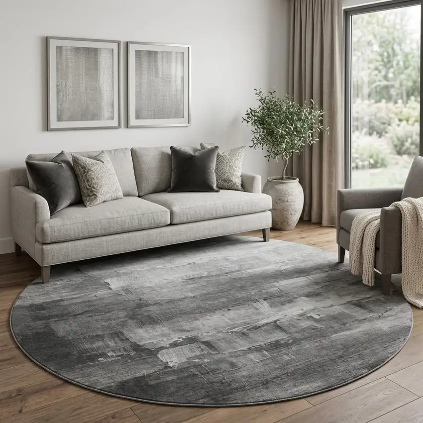 8' X 8' Gray Silver And Charcoal Abstract Washable Round Rug With UV Protection Photo 1