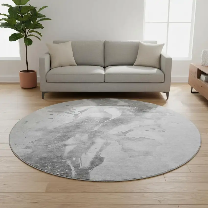 8' X 8' Gray Silver And Charcoal Abstract Washable Round Rug With UV Protection Photo 2
