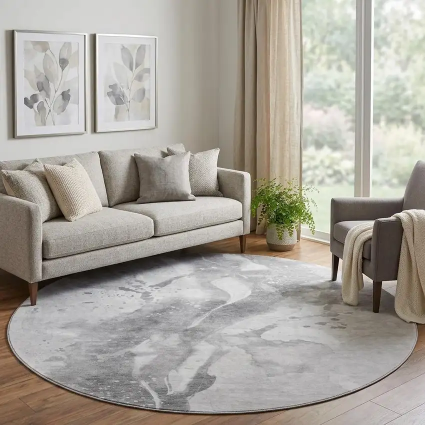 8' X 8' Gray Silver And Charcoal Abstract Washable Round Rug With UV Protection Photo 1