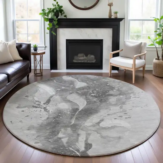8' X 8' Gray Silver And Charcoal Abstract Washable Round Rug With UV Protection Photo 4