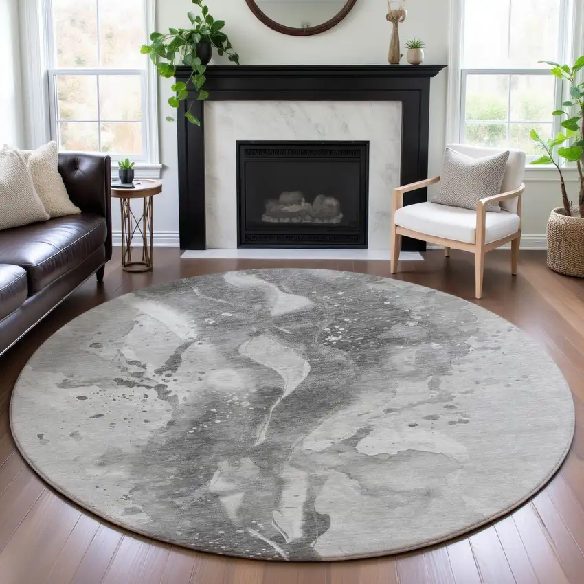 8' X 8' Gray Silver And Charcoal Abstract Washable Round Rug With UV Protection Photo 4