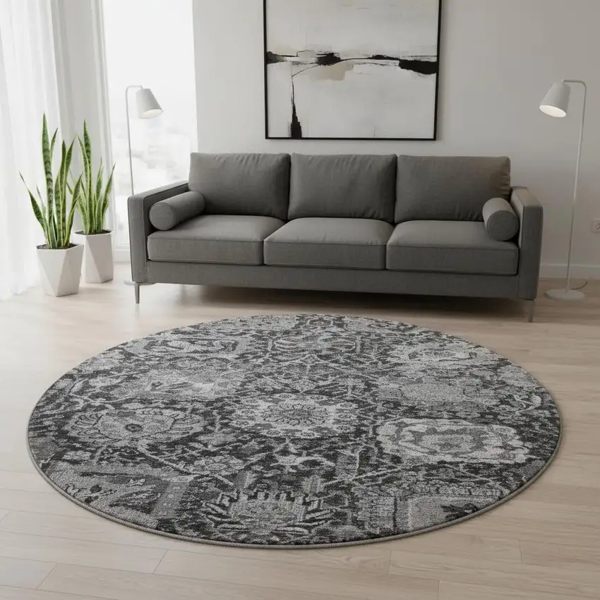 8' X 8' Gray Silver And Charcoal Damask Washable Round Rug With UV Protection Photo 2